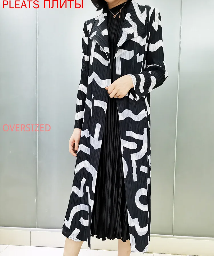 

Miyake Pleated Coat New Pleats Series Digital Printing Long Windbreaker Lapel Long Sleeve Trench Coat Abrigo Mujer