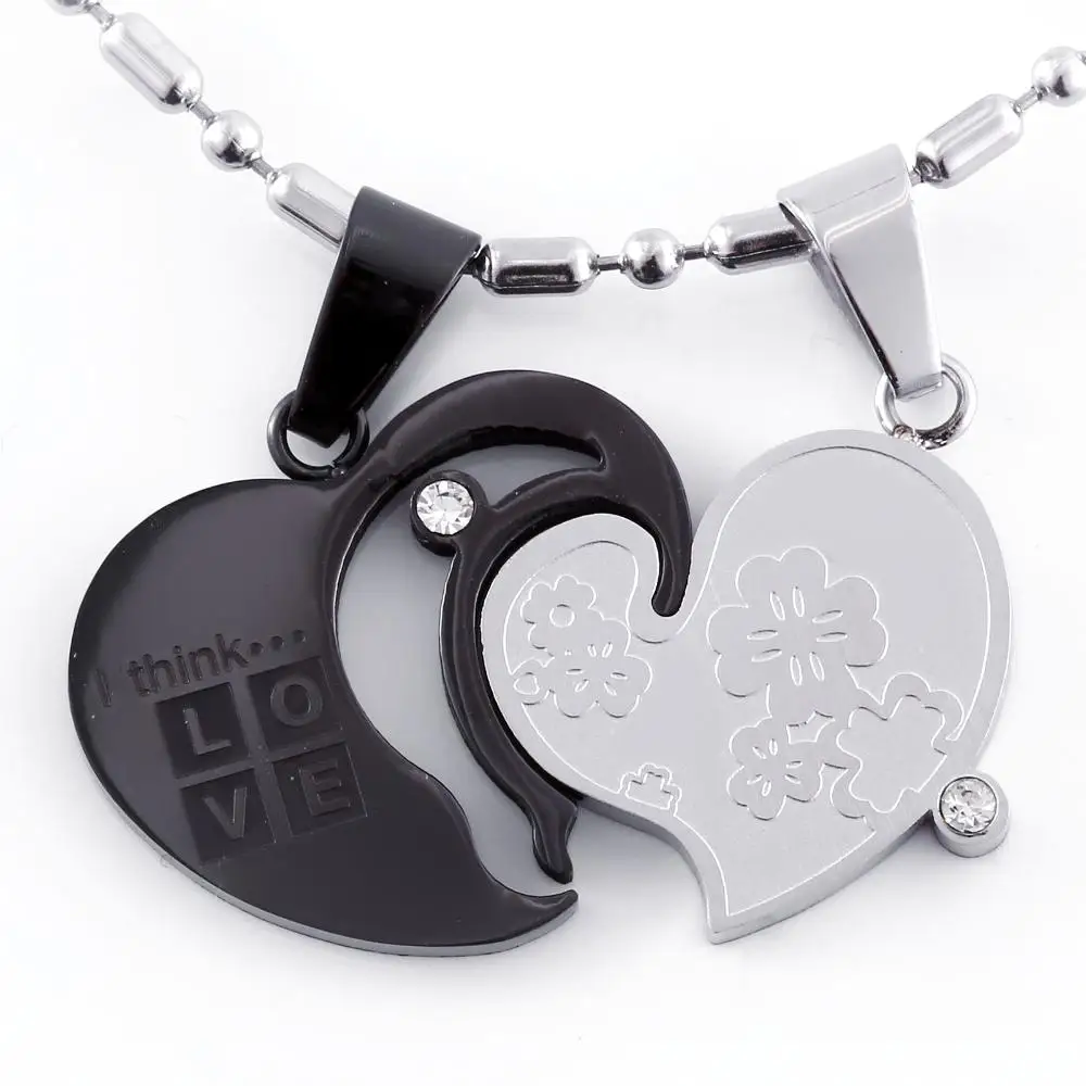 Модный корейский кулон Цепочки и ожерелья с лазерной гравировки I Love You Matching Hearts CZ Кристалл Комплект ожерелий для пар 316L Нержавеющая сталь 1 пара