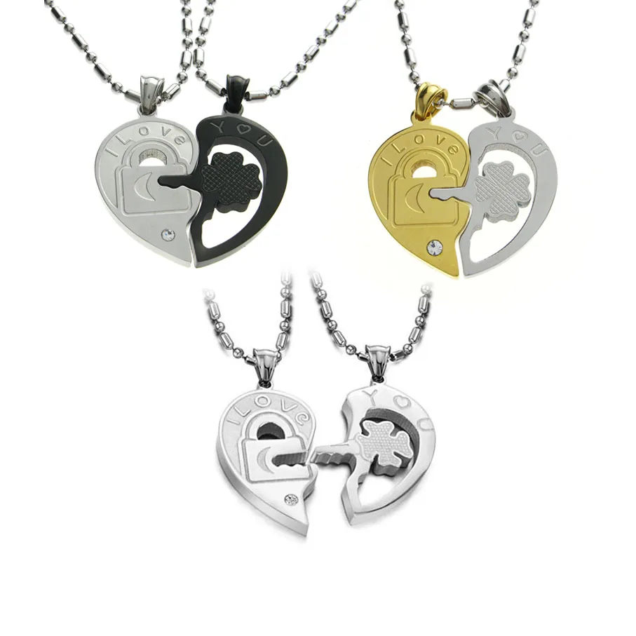 Модный корейский кулон Цепочки и ожерелья с лазерной гравировки I Love You Matching Hearts CZ Кристалл Комплект ожерелий для пар 316L Нержавеющая сталь 1 пара