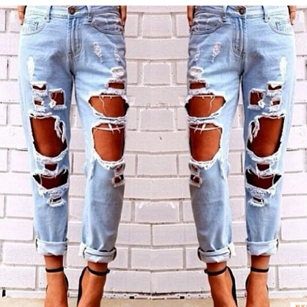 Женские джинсы Длинные однотонные повседневные штаны с дырочками новый узор| |