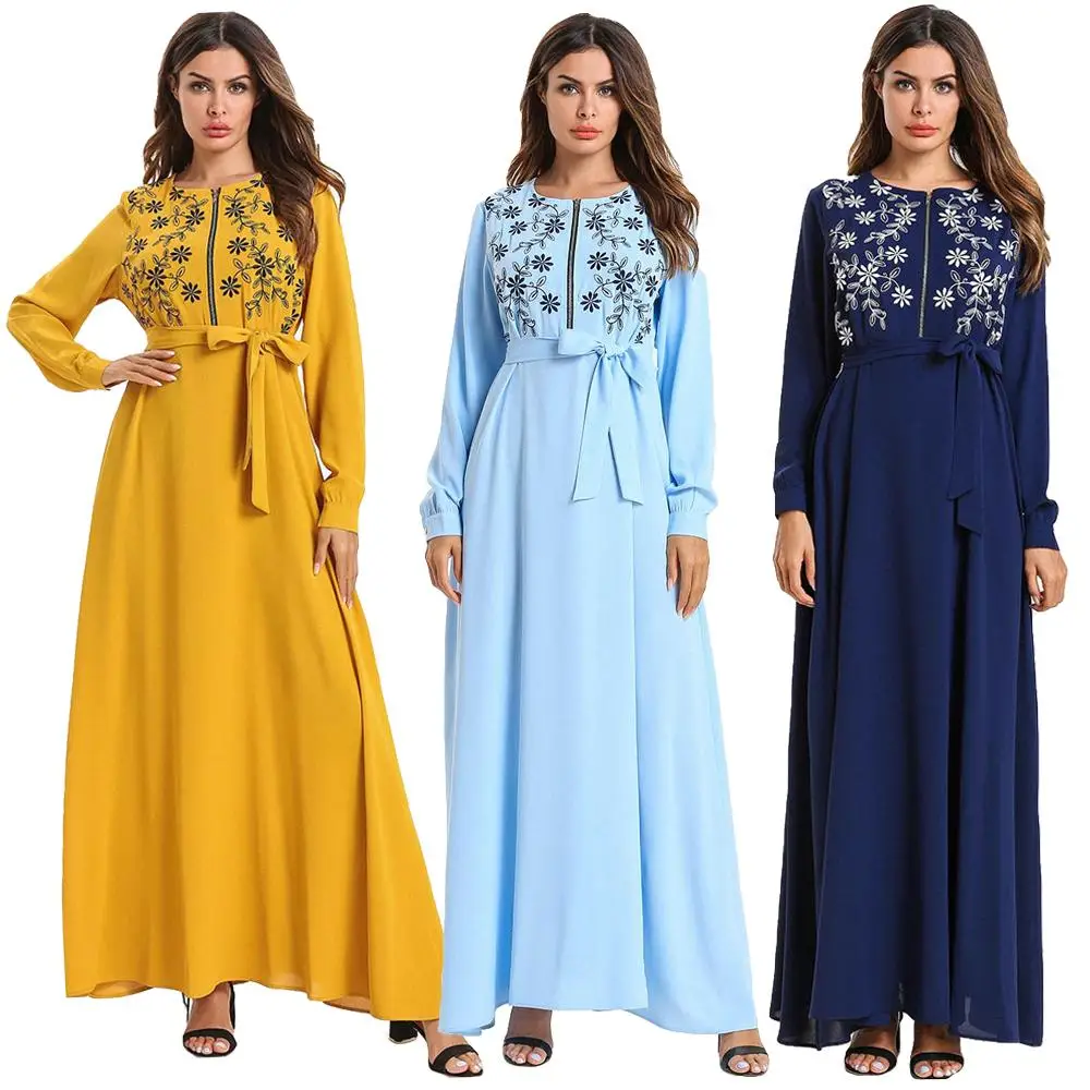 Платье женское длинное с вышивкой мусульманский халат абайя на молнии модная