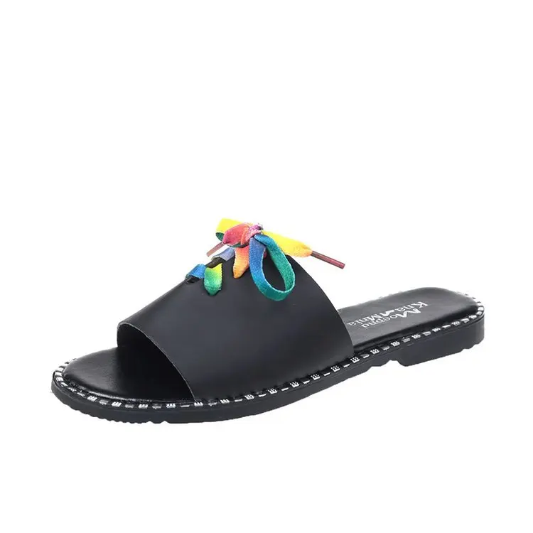 Женские босоножки из искусственной кожи с радужными ремешками и лентой большие