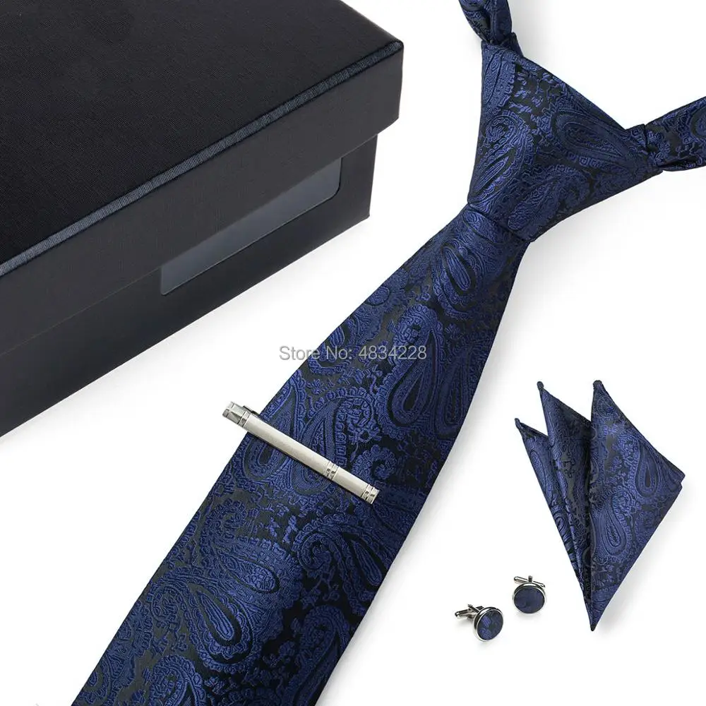 

Navy Men Paisley Ties Set Long Size 145cm*8cm Stripe Necktie Black Polyester Jacquard Woven Neck Tie Suit Wedding Party