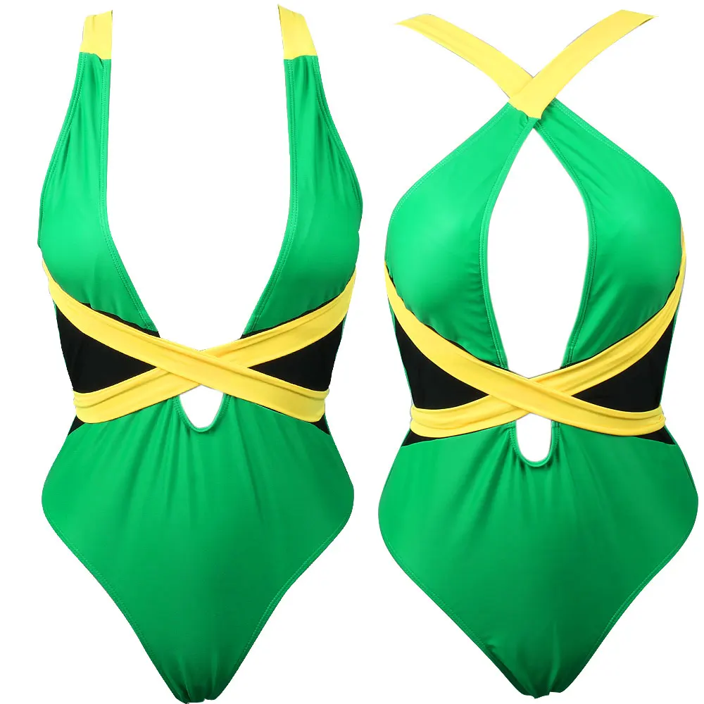 VOARYISA Women's One Piece Caribbean Flag Rasta Body Shaping Monokini Swimsuit Swimwear Bathing Suit