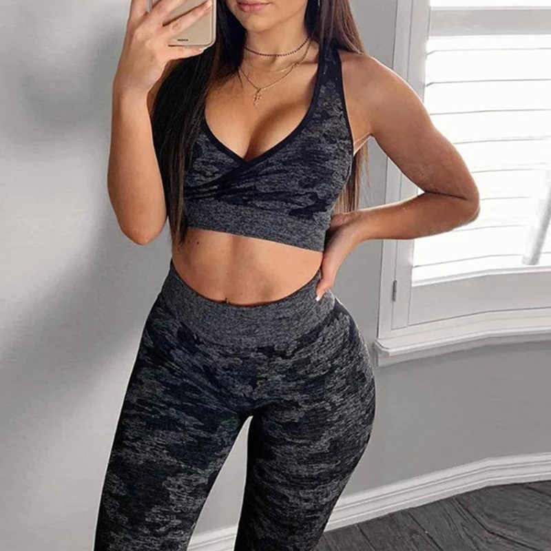 Женский Камуфляжный спортивный костюм Detector бюстгальтер для фитнеса + Бесшовные