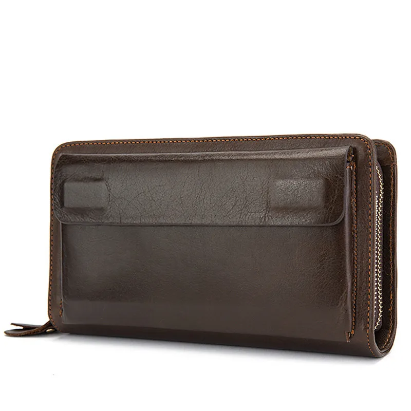 Удлиненный кошелек для телефона бумажник из натуральной кожи на двойной молнии