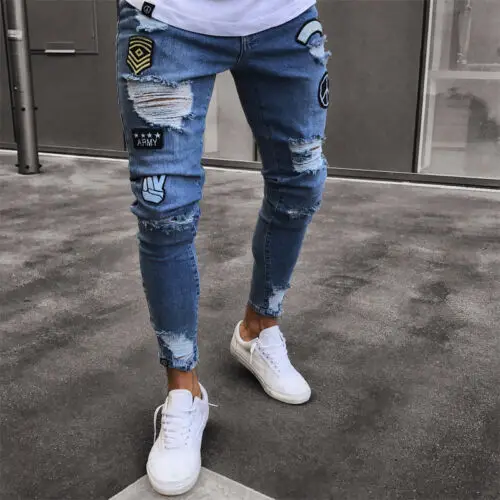 

2019 New Fashion Mens Skinny Jeans Rip Slim fit Stretch Denim Distress Frayed Biker Scratchted Hollow out Long Jeans Boy Zone