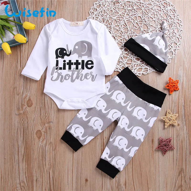 Wisefin Set Baby Clothes Cartoon Elephant Newborn Boy Outfits Animal Clothing For Girl 3Pcs Bodysuits+Pants+Hat | Детская одежда и
