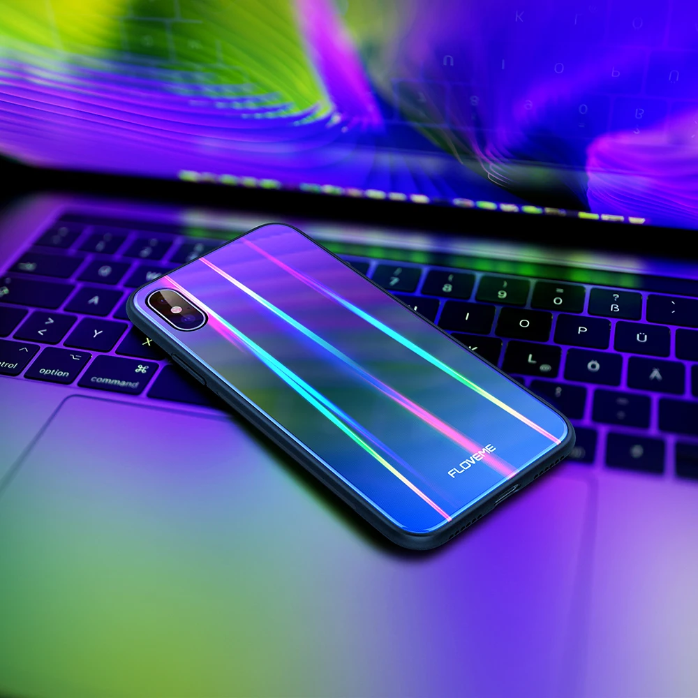 FLOVEME Роскошные Аврора чехол для iPhone X 10 7 8 плюс Чехол градиент закаленное стекло