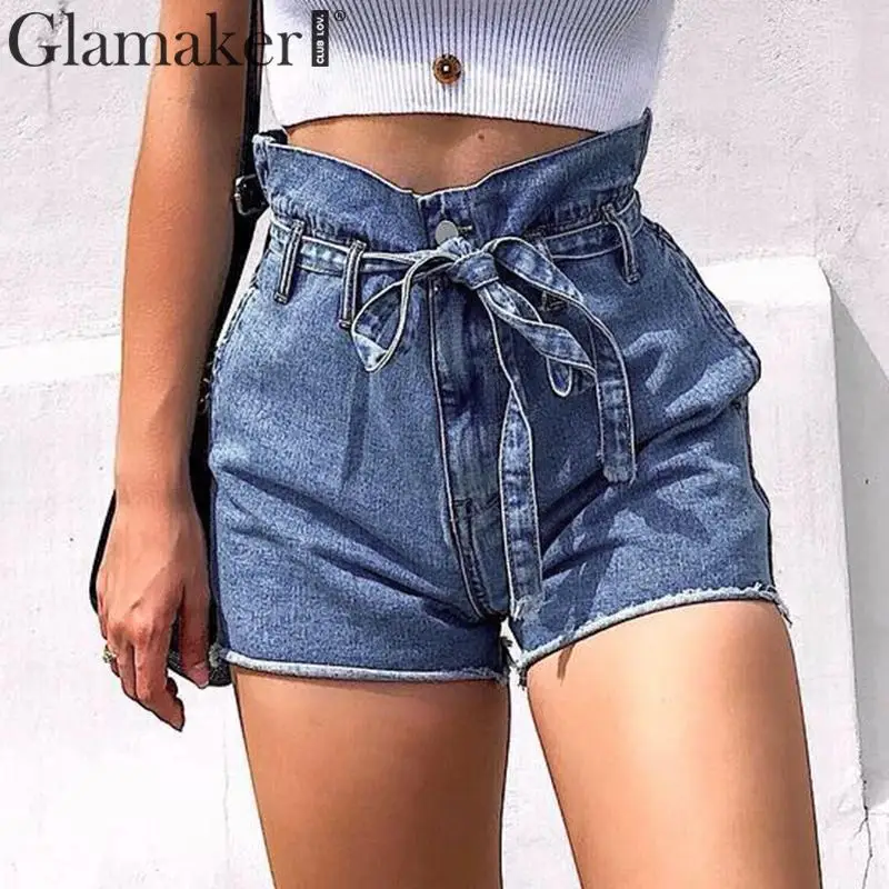 Женские джинсовые шорты Glamaker синие с карманами и высокой талией уличная одежда