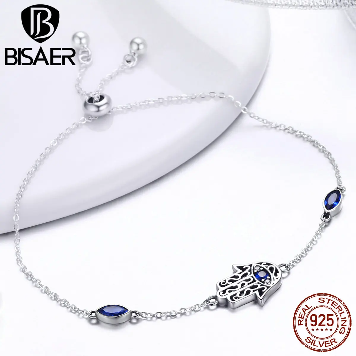 

BISAER 925 Sterling Silver Hamsa Hand Fatima Hand Chain Link Bracelets Pulseira Lucky Female Women Bracelets Fine Jewelry ECB076