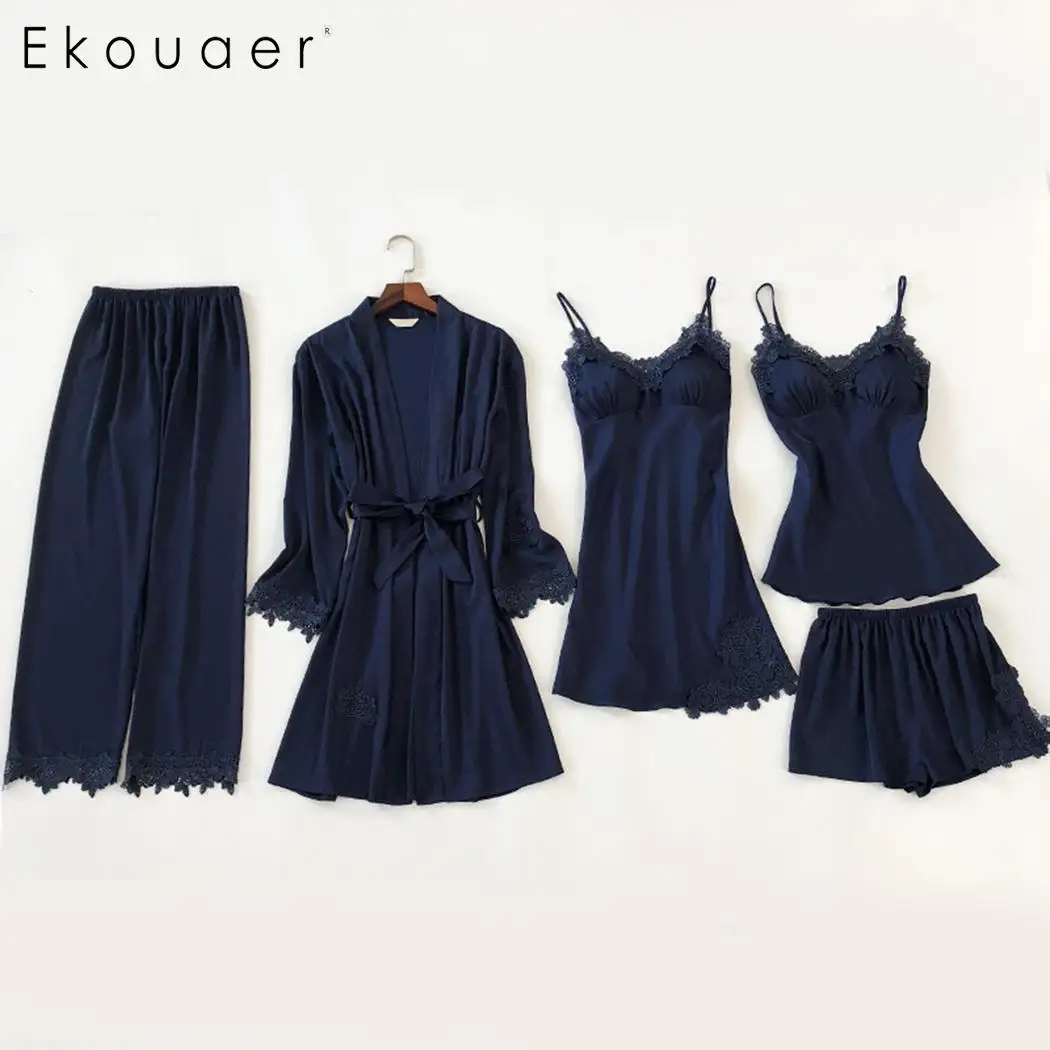 Ekouaer/5 шт./лот Женский пижамный комплект кружевной банный халат и ночная рубашка