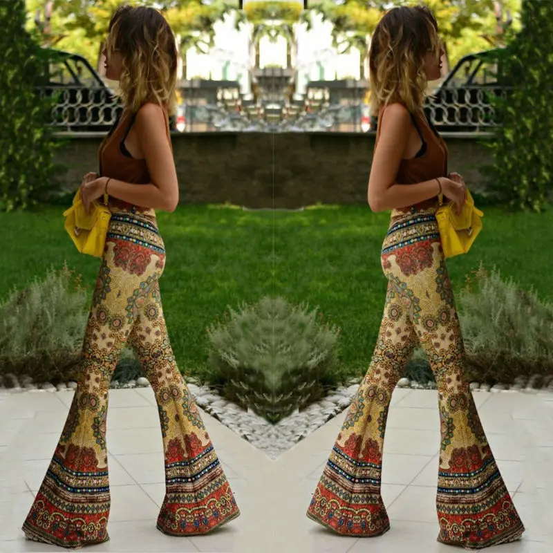 Брюки Бохо с высокой талией модные женские брюки цветочным принтом Размер SMLXL