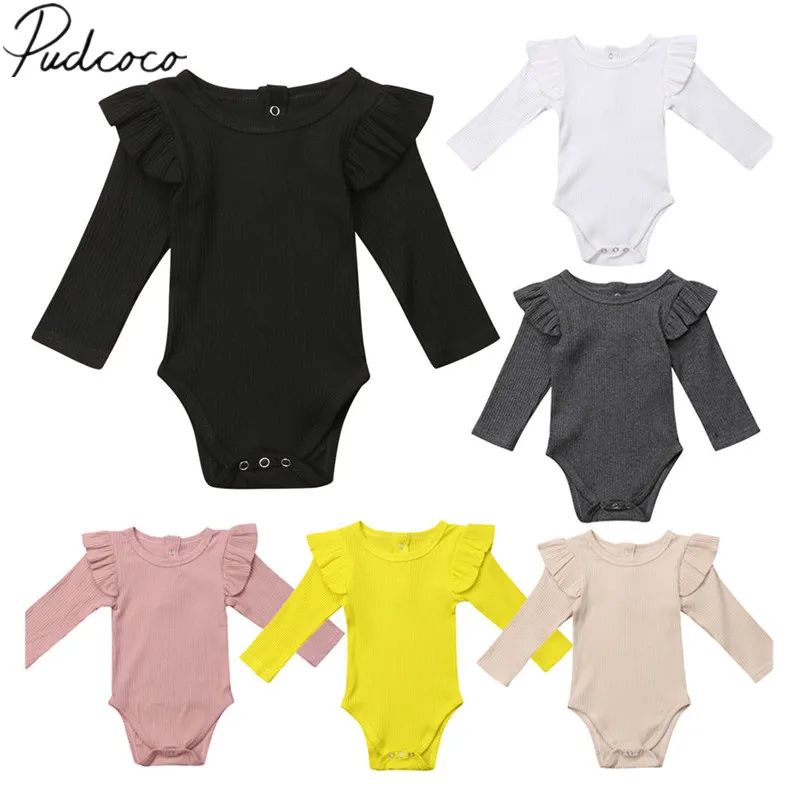 2020 Brand New Newborn Infant Kids Baby Girls Boys Autumn Causal Bodysuits Ruffles Long Sleeve Solid Warm Jumpsuits Outfit 0-24M |