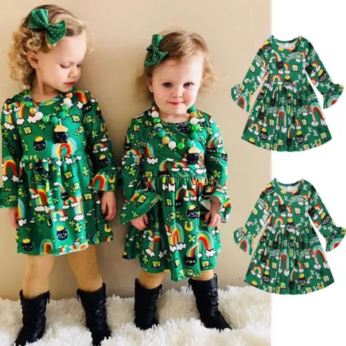 2019 Green Xmas Dress Christmas Toddler Long Sleeve Kid Baby Girl Festival Flared Party Santa Swing | Детская одежда и обувь