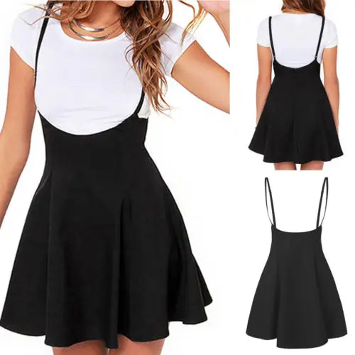 

Summer Fashion Women Mini Suspender Skater Skirt High Waisted Pleated Adjustable Strap Skirt