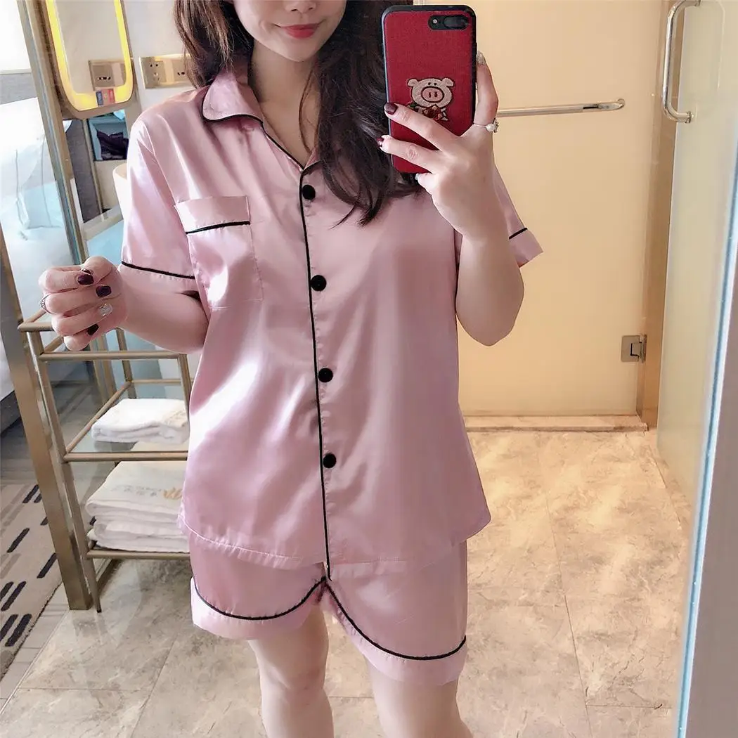 Для женщин Мода отложной воротник короткий рукав карман шорты для печати пижамы