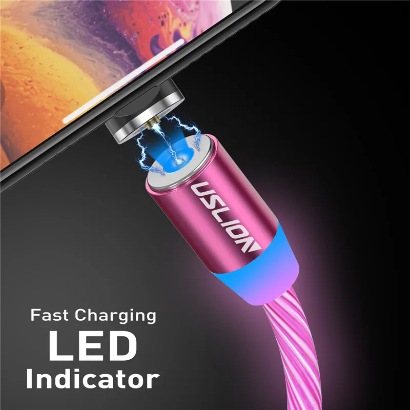 Магнитный зарядный кабель USLION Micro USB Type C для быстрой зарядки iPhone XS XR светодиодный