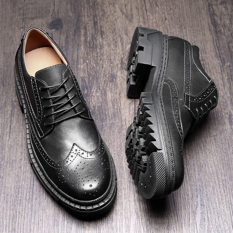 US Size British Style Carving Oxfords Man Thick Heel 4cm Genuine Leather Brogue Shoes Business Hight End Trendy | Обувь