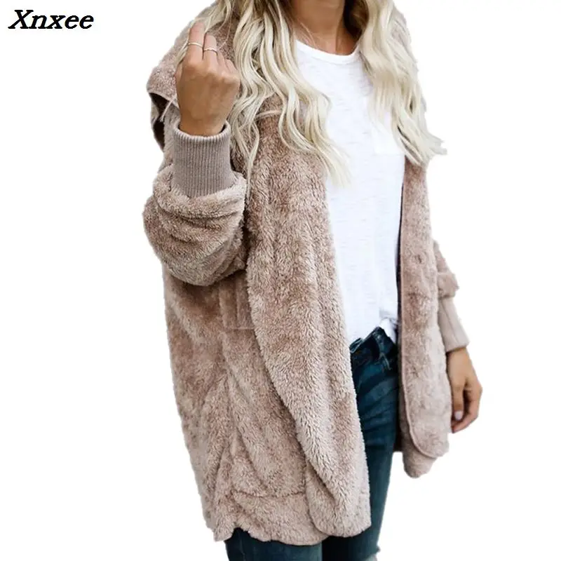 New Fashion Spring Faux Fur Warm winter coats on both sides Jacket Women Open Stitch Hooded Coat Female Long Sleeve Fuzzy | Женская