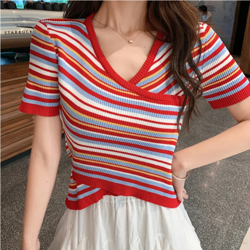 

Summer V-neck Crossed Striped Cropped T-shirts Women Short Sleeve Knit Crop Tops Tshirt For Girls JM2332