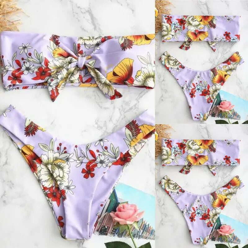 Женский купальник бандо с бантиком из двух частей бикини подкладкой Цветочный