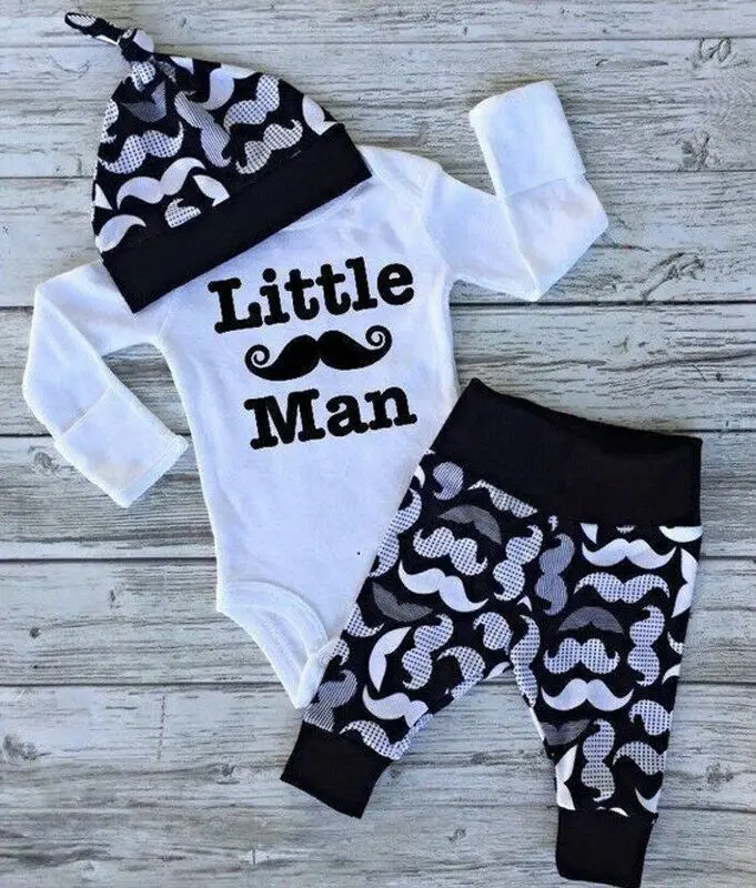 3Pcs Newborn Baby Boy Clothes Long Sleeve Little Man Romper Jumpsuit +Mustache Printed Pants Leggings +Hat Outfits Set |