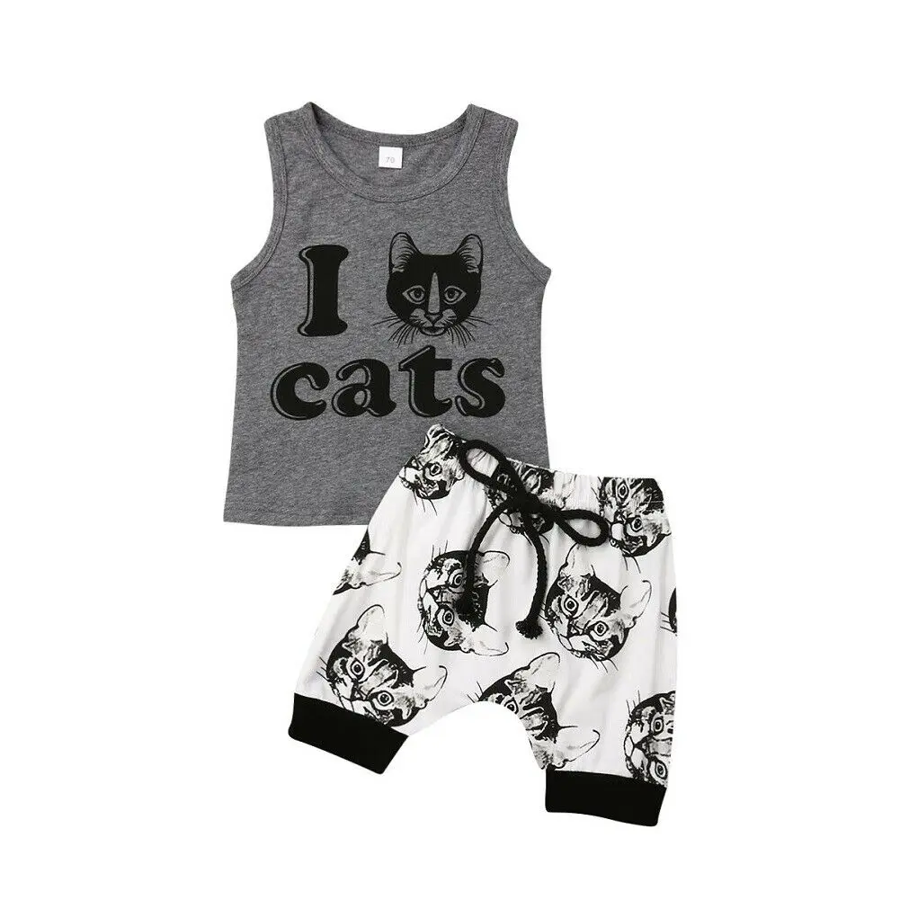 2019 Children Summer Clothing Infant Kid Baby Boy Clothes 0-24M Animal Sleeveless Tank Shirt+Shorts Pants Cats Print Outfits Set |
