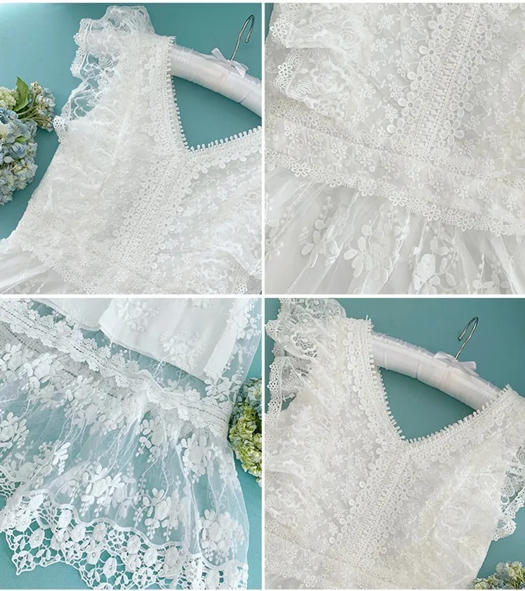 Женское кружевное платье длинное белое с треугольным вырезом и цветочным
