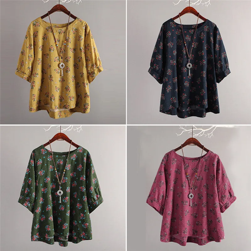 Женская блузка с цветочным принтом Boho большие размеры коротким рукавом в