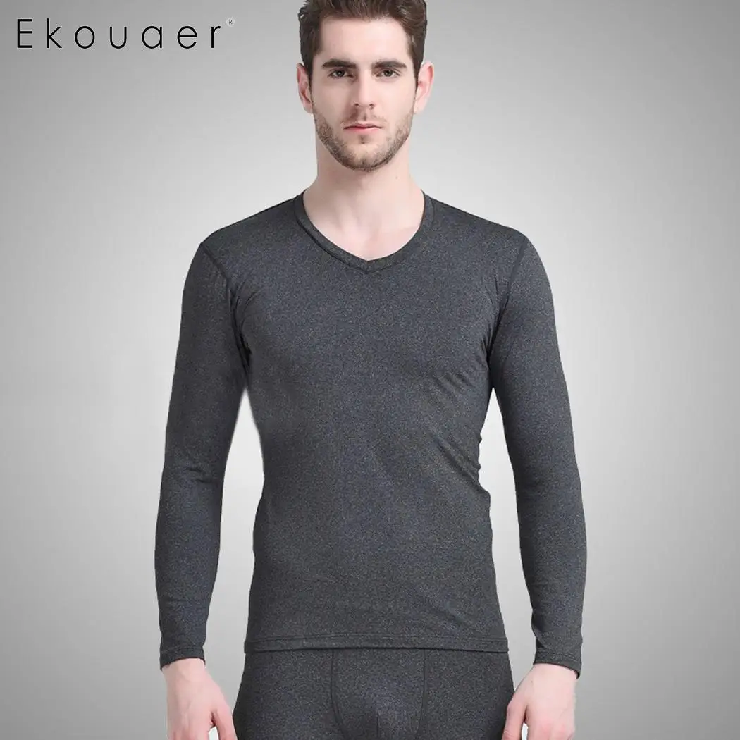 Ekouaer Winter Thermal Underwear Sets Sleepwear Seamless Solid O-Neck Long Sleeve Warm Set Male Therm Johns | Мужская одежда
