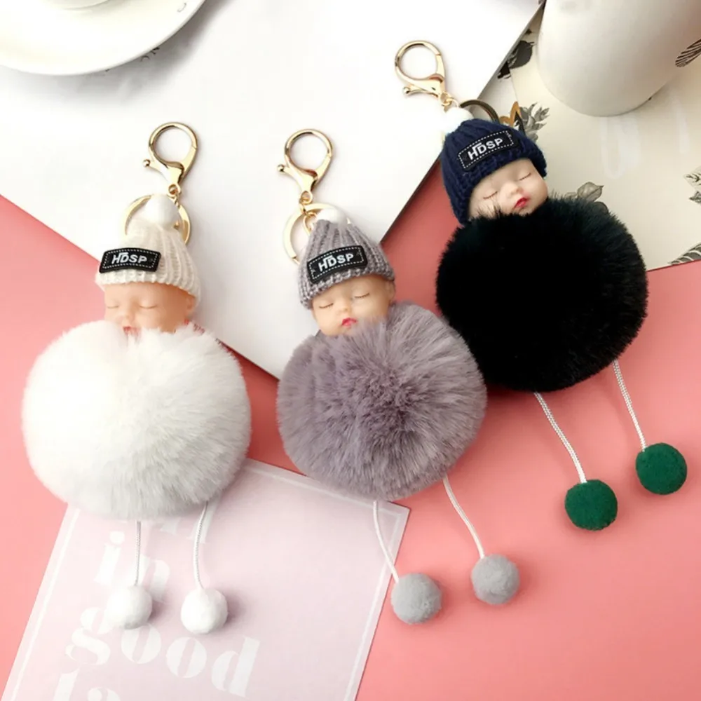 New Cute Sleeping Baby Doll Keychain Pompom Rabbit Fur Ball Key Chain Car Keyring Women Holder Bag Pendant Charm Accessory | Дом и сад