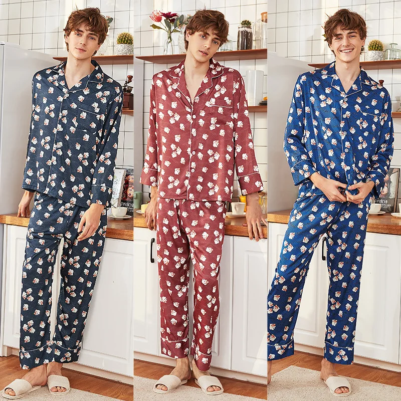 Free shipping printing Pajama Set Silk Sleepwear Men Sexy Modern Style Soft Cozy Satin Nightgown Spring Home Clothes Suit
