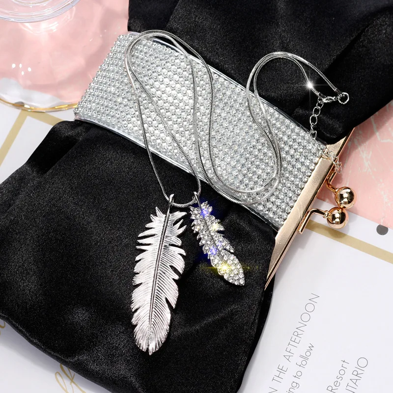 

FYUAN Fashion Sweater Chain Necklaces Long Necklace Rhinestone Feather Shape Pendant Necklaces for Women Jewelry Gift Wholesale
