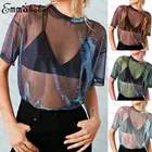 Лидер продаж, летняя модная прозрачная блестящая женская блузка, топы с коротким рукавом, сетчатые рубашки, Повседневная блестящая блузка в стиле High Street