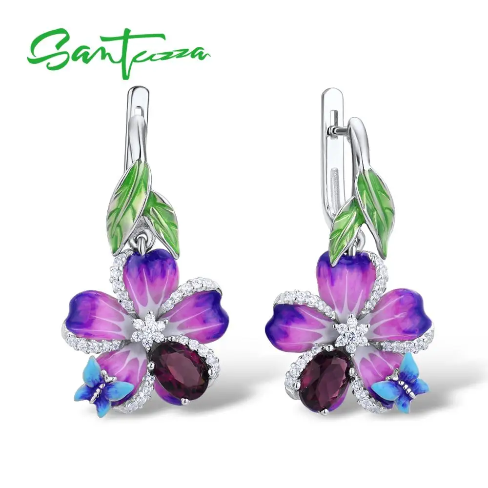 Женские серьги бабочки SANTUZZA из серебра 925 пробы с фиолетовым цветком и эмалью