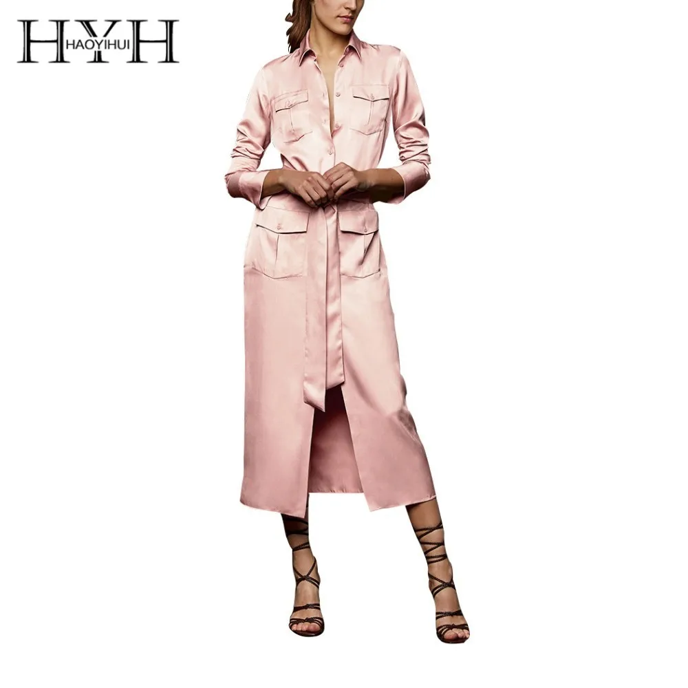 Женское Повседневное платье рубашка HYH HAOYIHUI розовое длинное с поясом осень