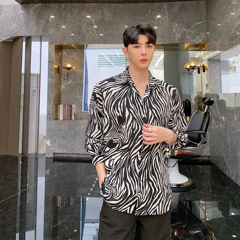 Модная рубашка с длинными рукавами и принтом зебры для мужчин Camisa Masculina вечеринки