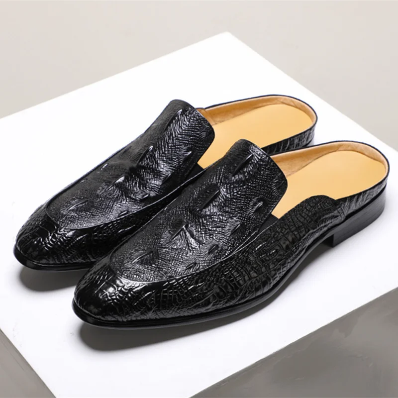 US6-11 Full Grain Leather Casual SLIP-ON New Men Penny Loafer Crocodile Pattern Mules Open Back Slippers Designer Shoes | Обувь