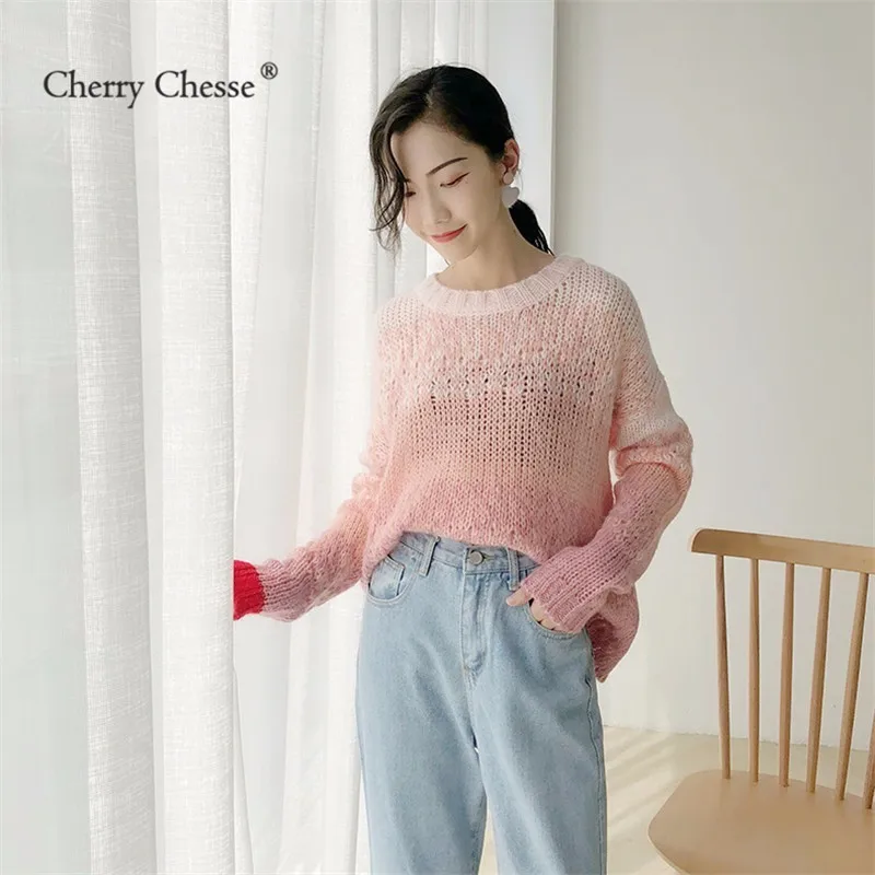 Cherry Chesse Harajuku сладкий Для женщин вязаный свитер контраст с круглым вырезом