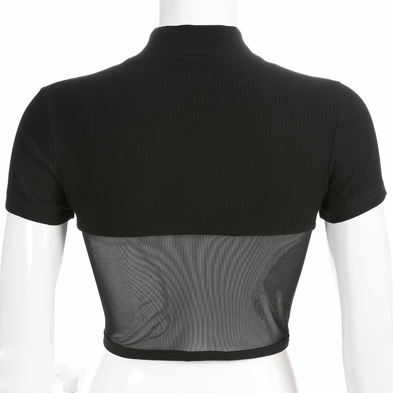 Футболка женская сетчатая с коротким рукавом и высоким воротом 2019 | Женская