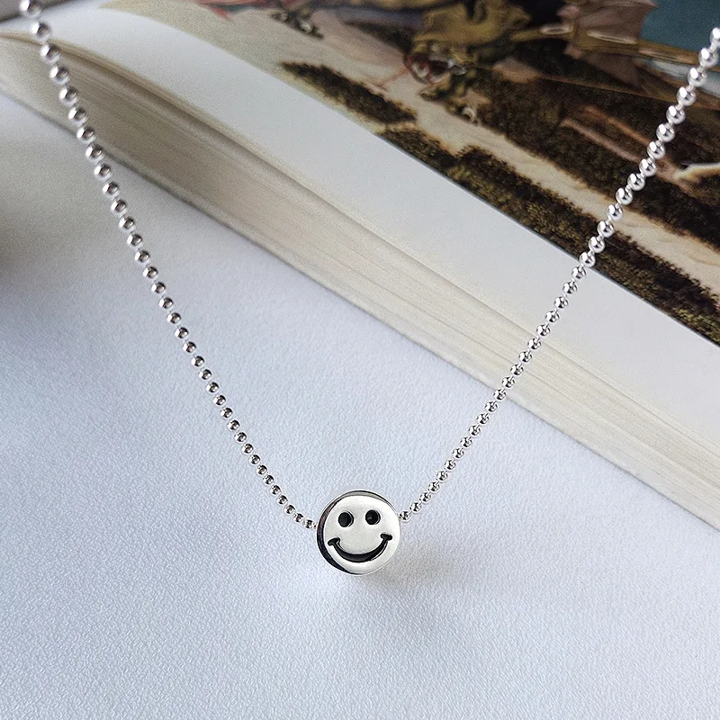 S925 Sterling Silver Necklace Female Cartoon Cute Expression Smiling Face Round Bead Smile Pendant Jewelry Gifts | Украшения и