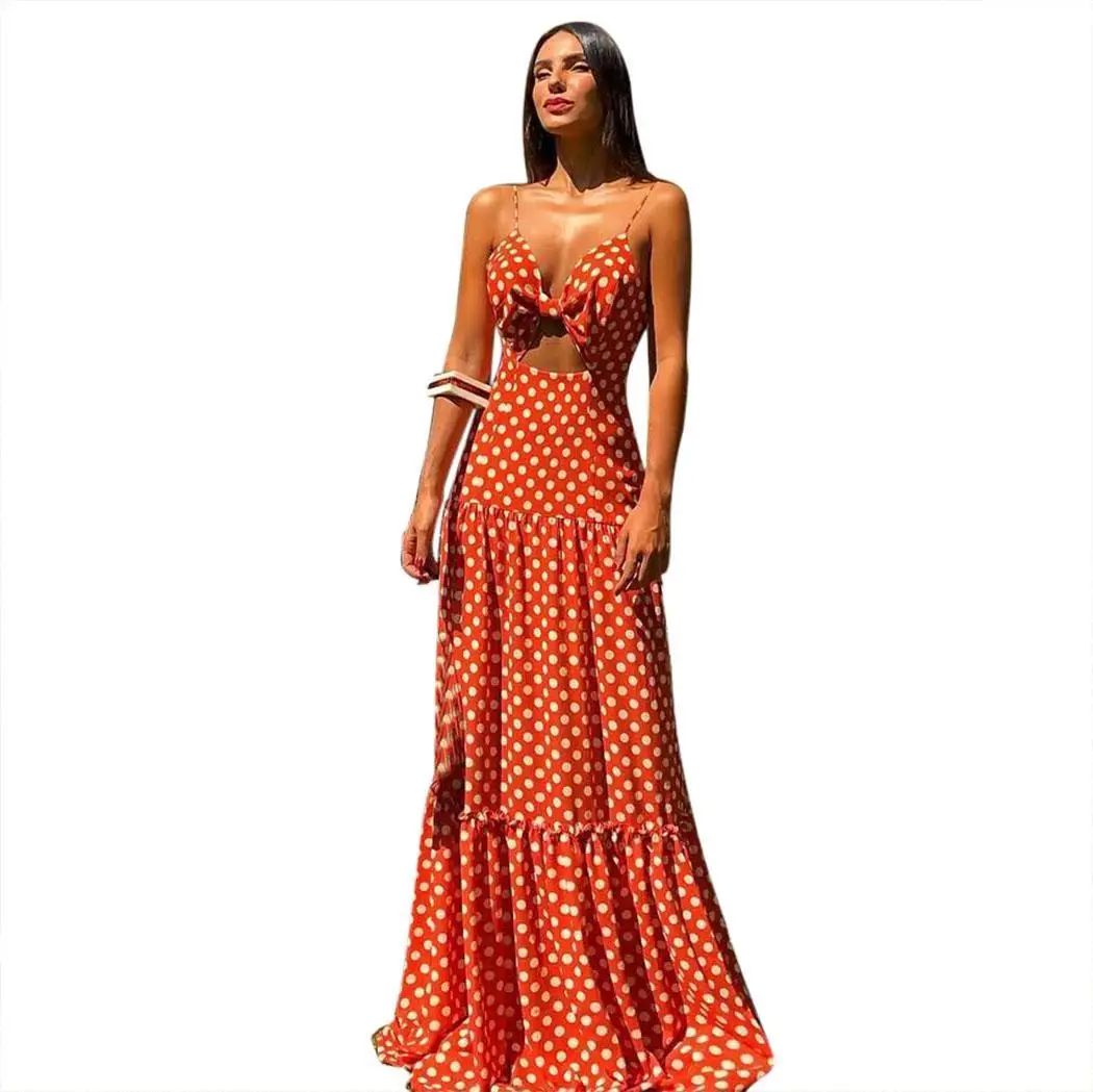 Для женщин Мода V образным вырезом без рукавов в горошек полый тонкий макси