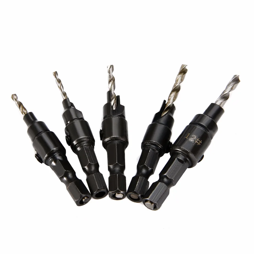 

Practical 5Pcs Carpentry Countersink Drill Bits Set + Hex Shank For Screw Sizes #5 #6 #8 #10 #12 For Wood Drilling Tools