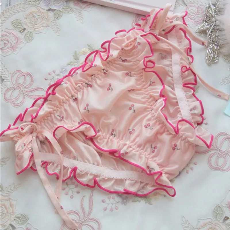 Милое женское нижнее белье из молочного шелка в японском стиле с вишенками милые