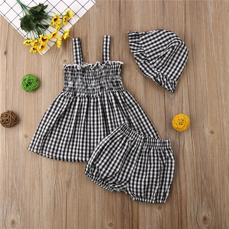 Летняя одежда для маленьких девочек комплект из 3 предметов клетчатые юбки Топы +