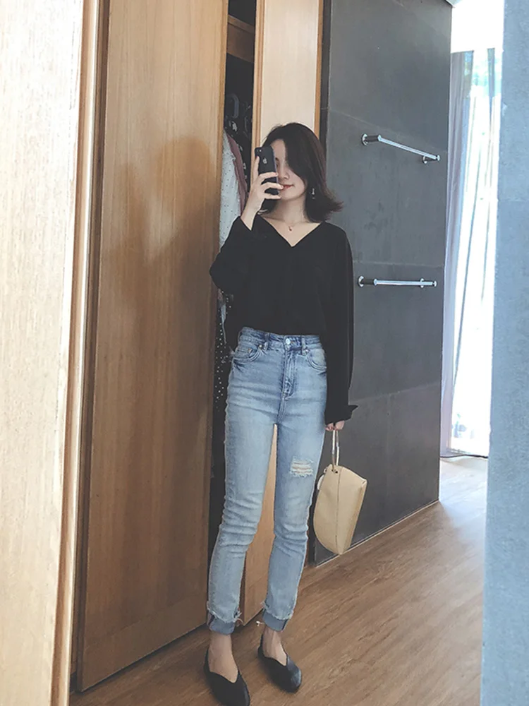 Женские рубашки весна 2019 шифоновые однотонные повседневные с v образным вырезом