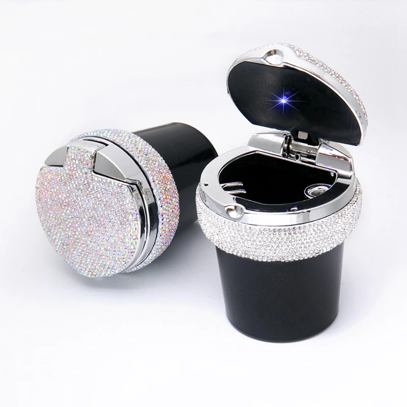 

Rhinestones Portable Car Ashtray With Light Crystal Diamond Led Car Ash Tray Ashtray Storage Cup Holder Black For Girls Woman