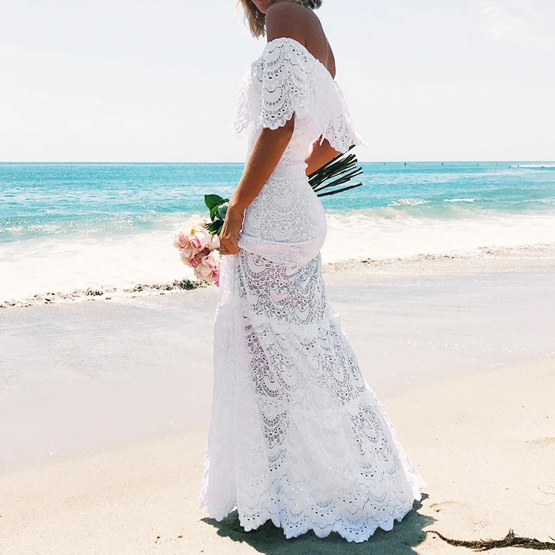 Белое платье Летний Пляжный сарафан с рюшами для женщин открытыми плечами Макси