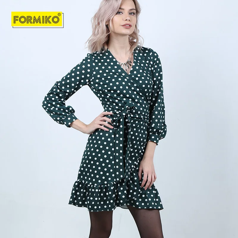 Formiko Женское платье горошину с запахом в зелёной и синей расцветке. Осень зима